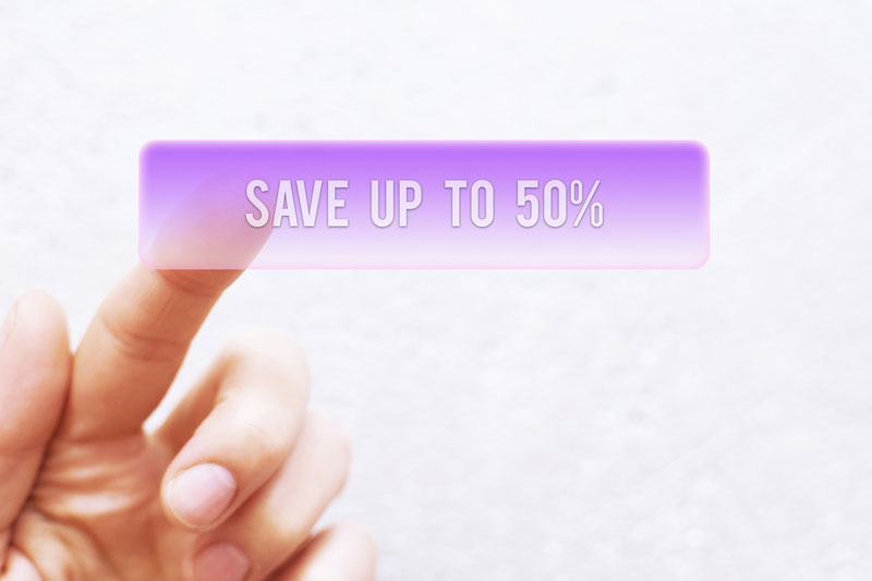 Finger hovering over a graphic that says save up to 50%